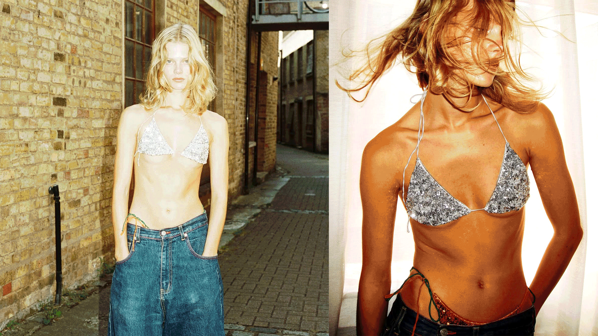 Two women wearing sparkly bikinis, one outdoors on a brick sidewalk and the other indoors with a bright background.