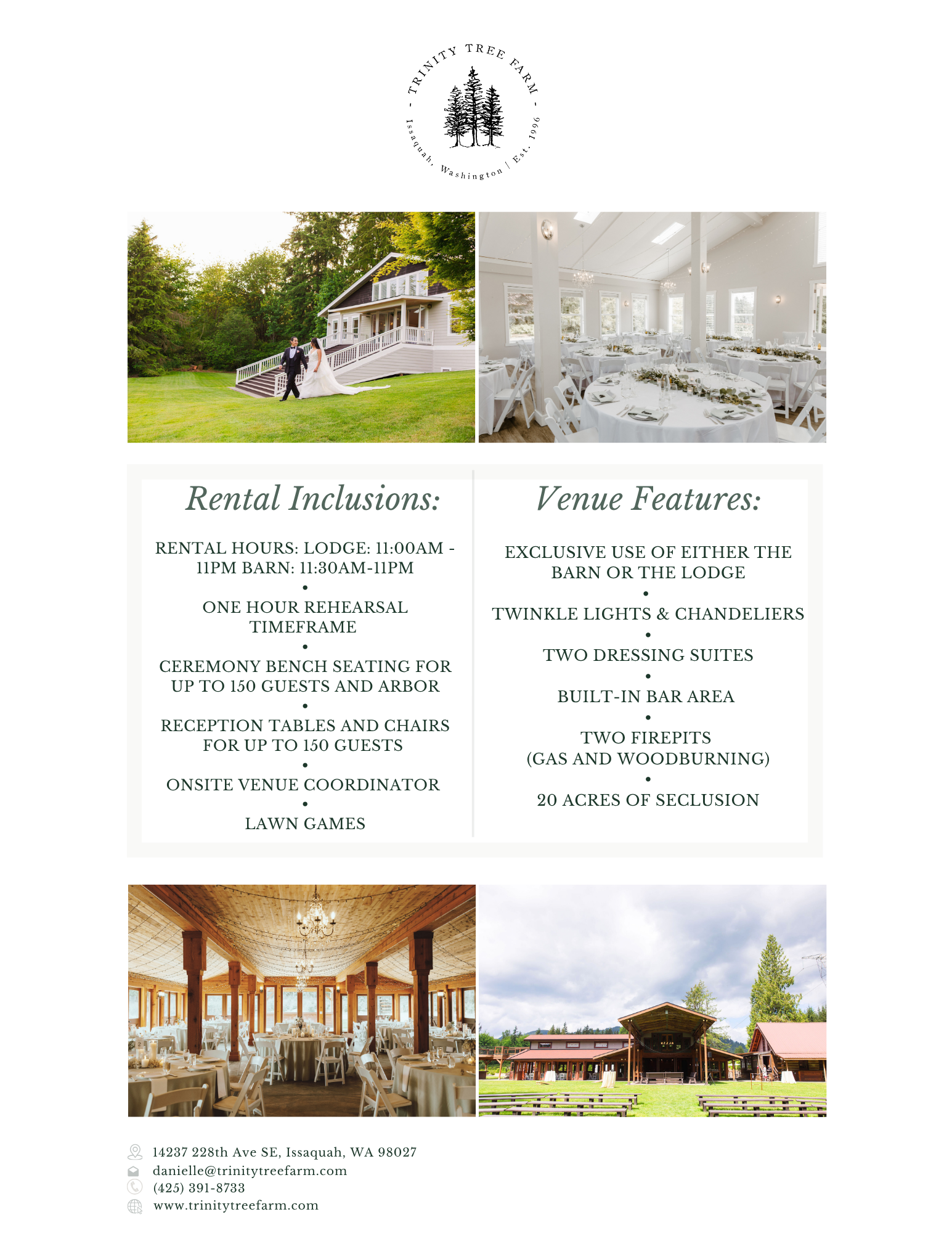 Event flyer for Trinity Tree Farm in Issaquah, Washington, featuring images of a wedding scene with a couple outside, a decorated indoor event space, and outdoor views of the farm with trees and a barn. The flyer details rental inclusions, venue features, and contact information.