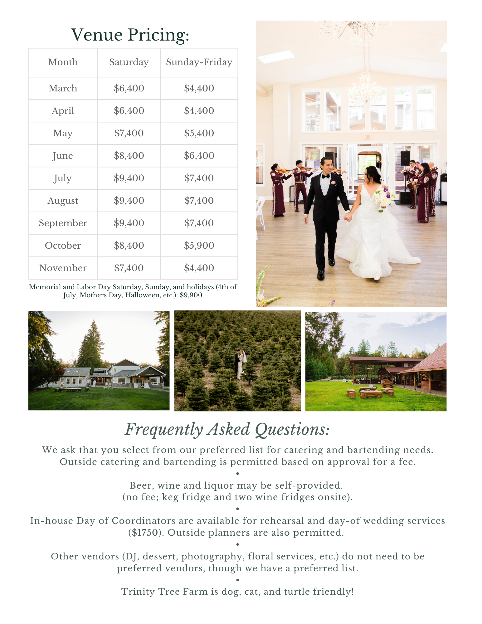 Page with venue pricing and FAQs for event booking, including photos of wedding ceremony and reception settings outdoors and indoors.