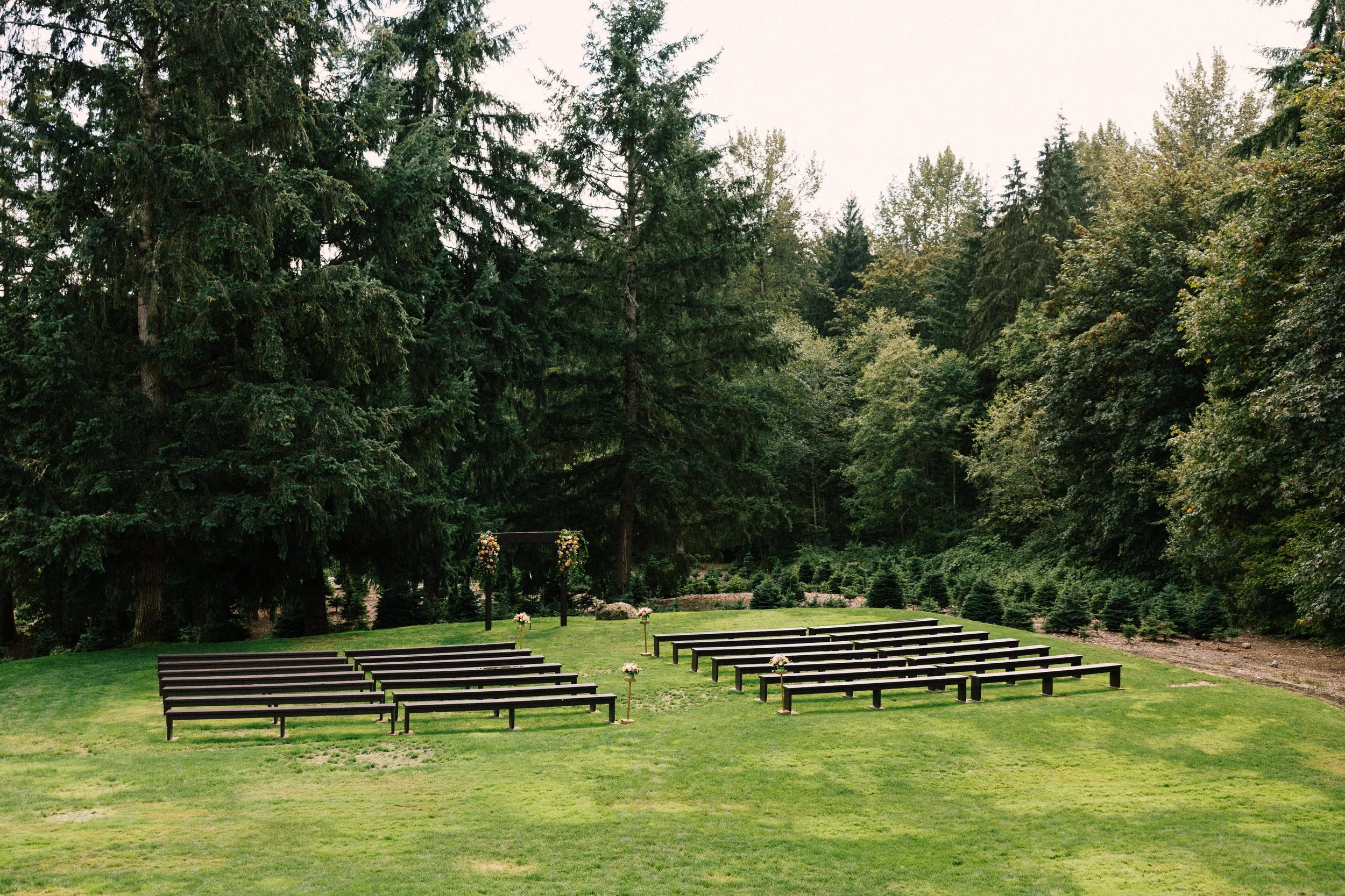 Outdoor wedding ceremony setup with wooden benches and flower arrangements in a grassy area surrounded by tall trees.