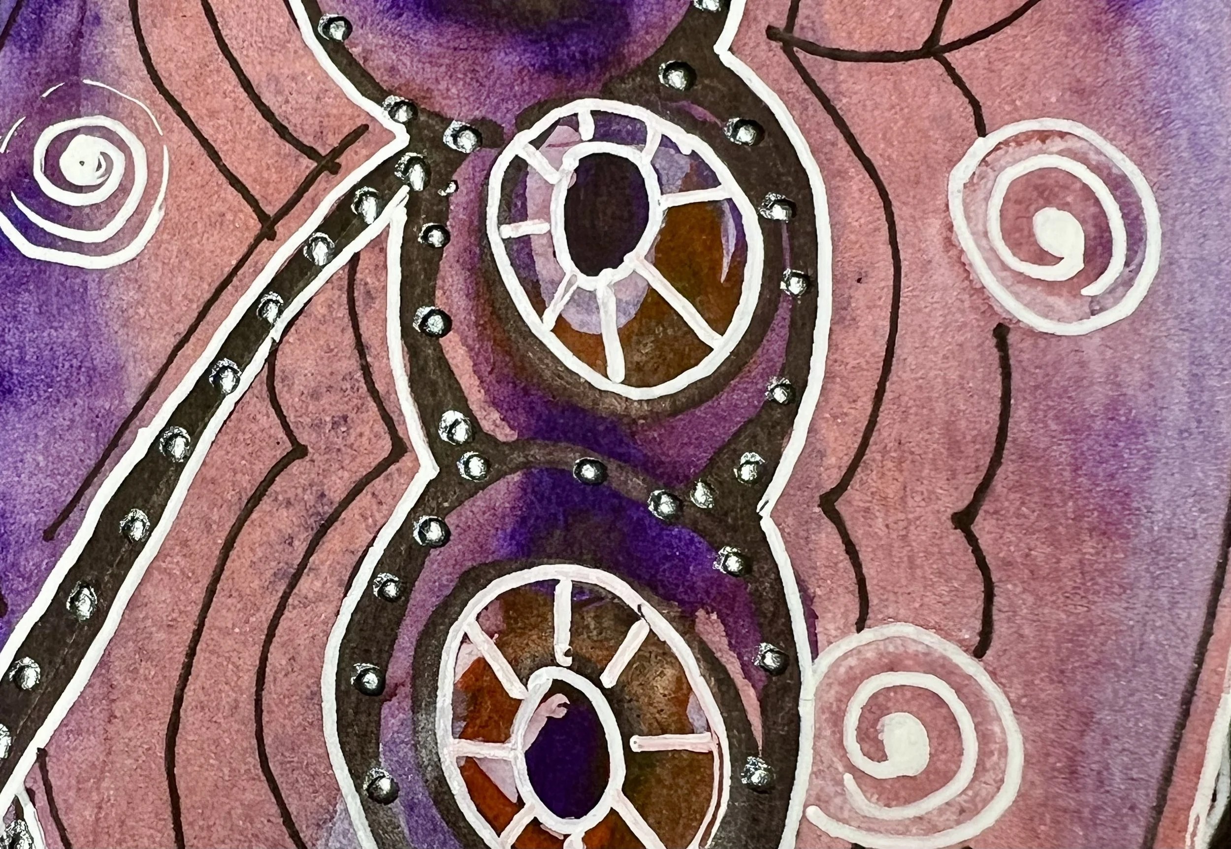 Abstract watercolor painting with pink and purple background, black and white lines, circular patterns, and spiral designs.