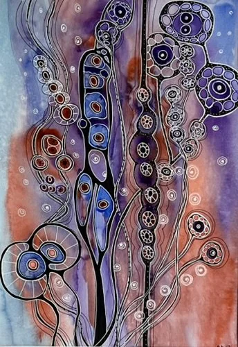 Abstract watercolor painting featuring organic, plant-like shapes filled with circular patterns and vibrant colors including purple, blue, red, and orange.