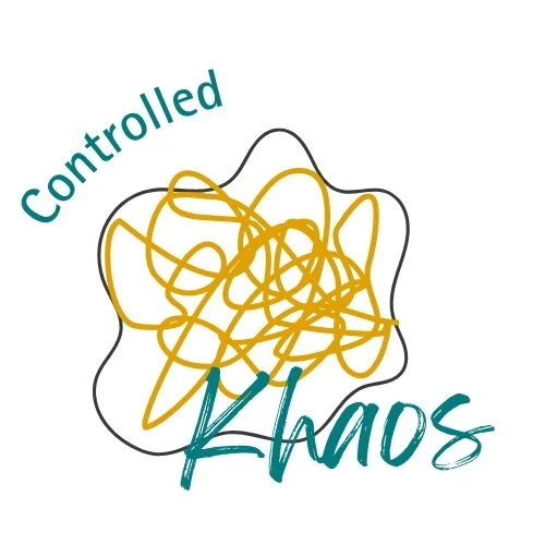 A tangled yellow and black line drawing with the words "Controlled Chaos" in teal.