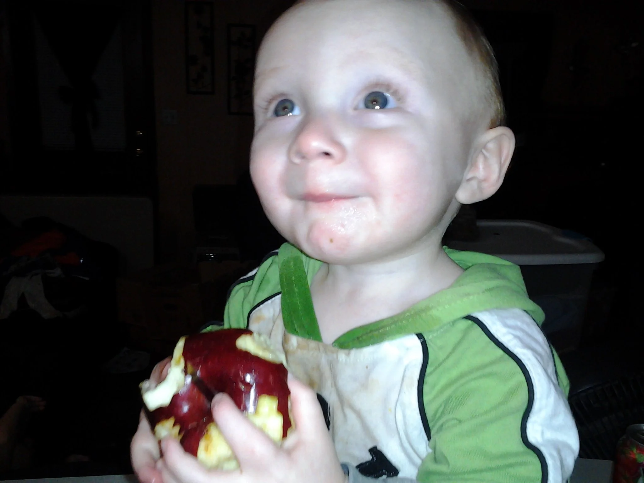 A young boy with short light brown hair, blue eyes, and fair skin, holding and eating a red apple with some bites taken out. He is wearing a green and white hoodie with black accents.
