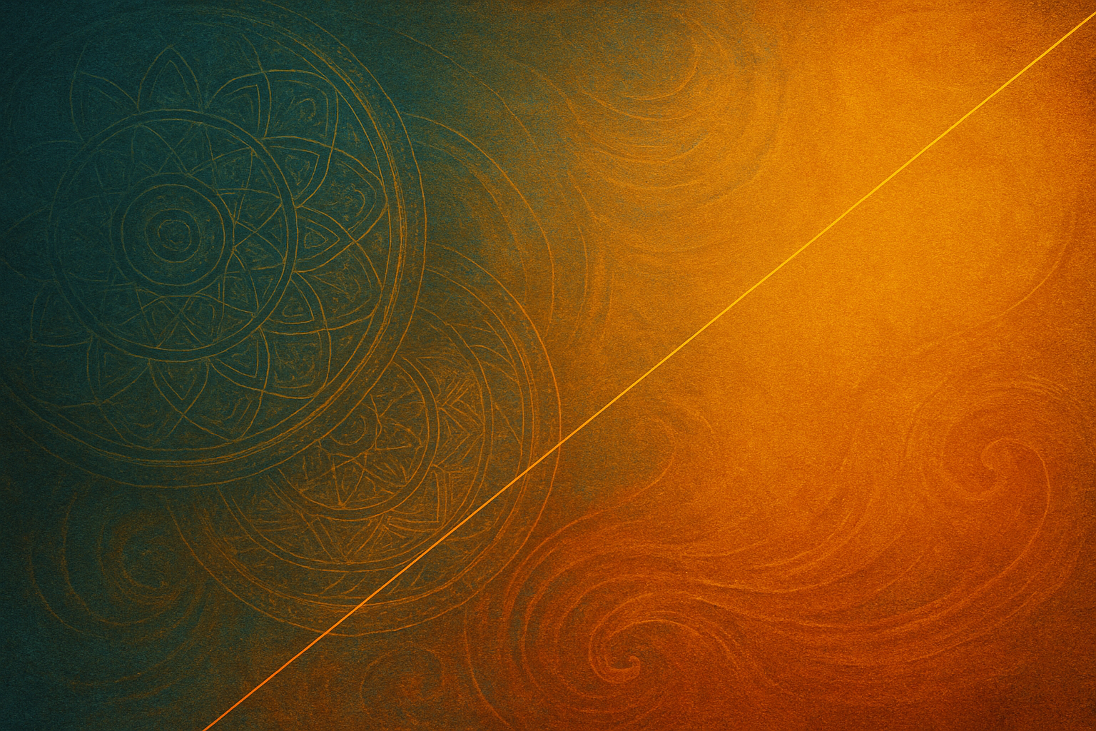 An artistic design featuring a complex geometric pattern in gold lines on a background blending teal and orange hues with swirling motifs.