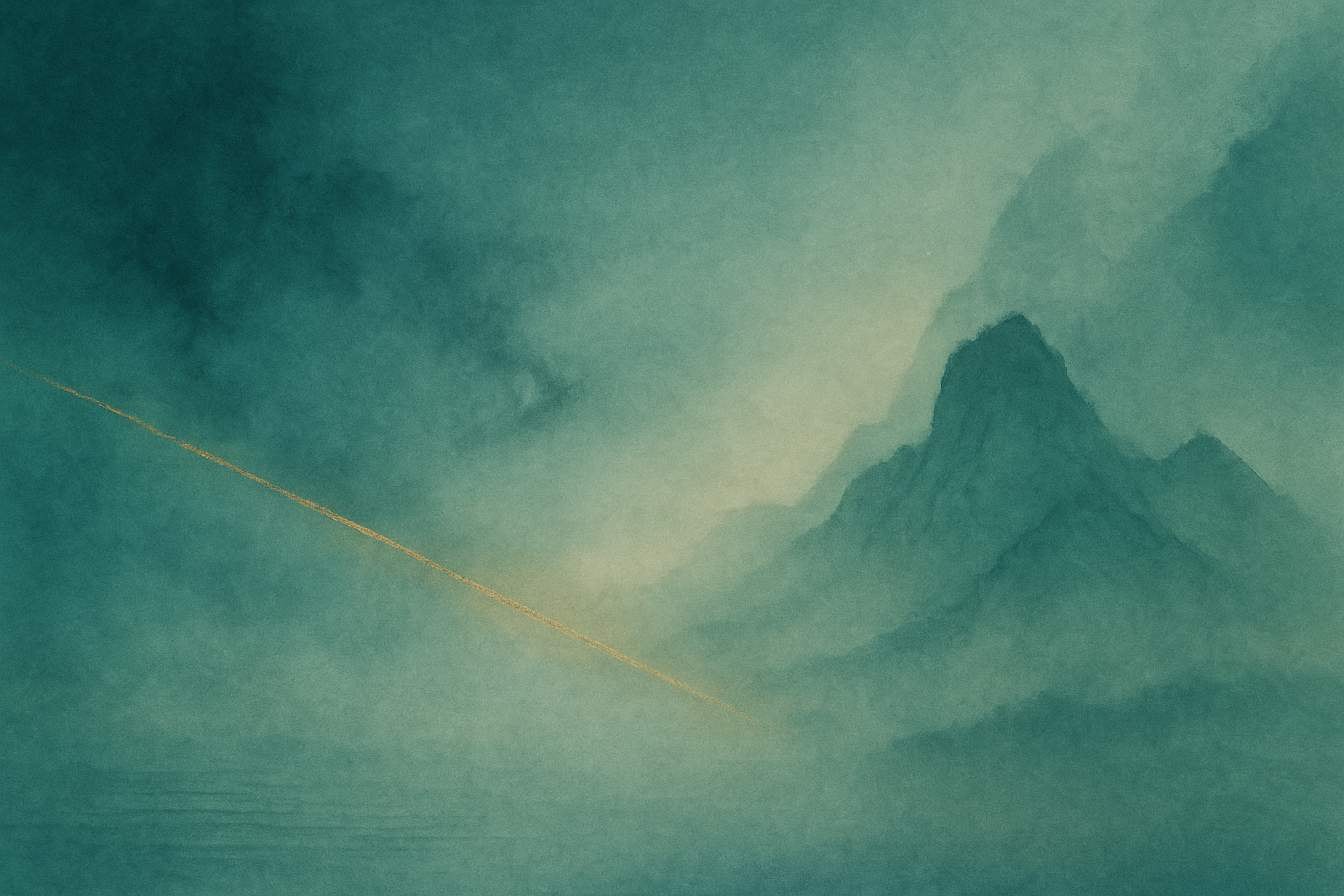 A foggy mountain landscape with a yellow cable or rope running diagonally across the lower left corner.