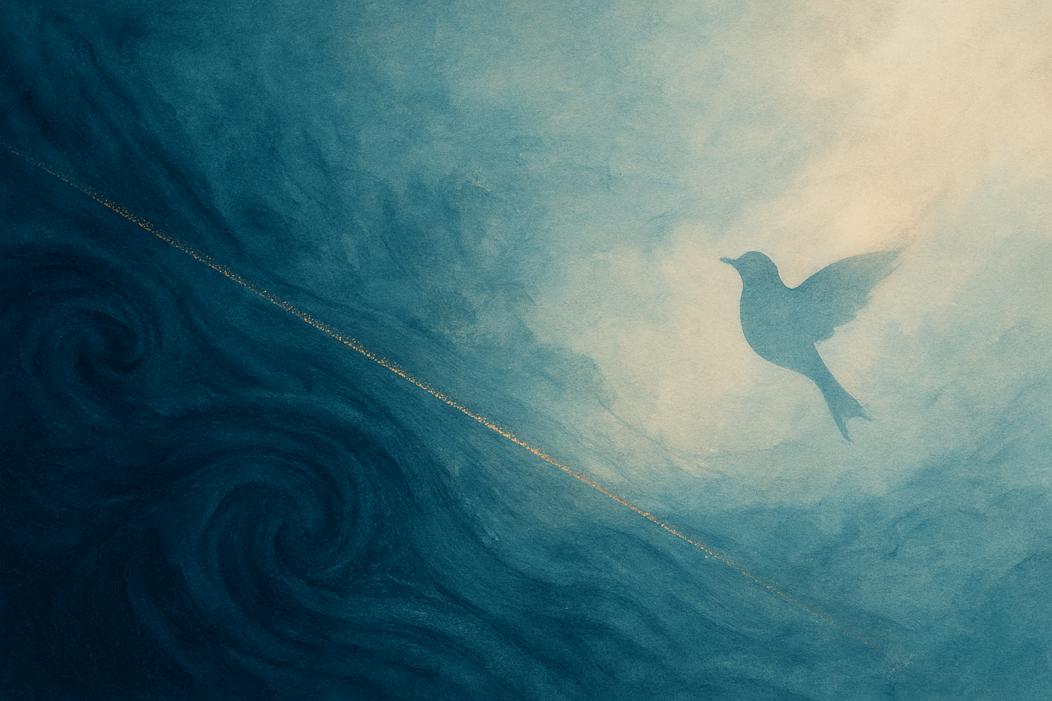 A painting of a single bird flying over waves with a golden buoy line dividing the sky and water.