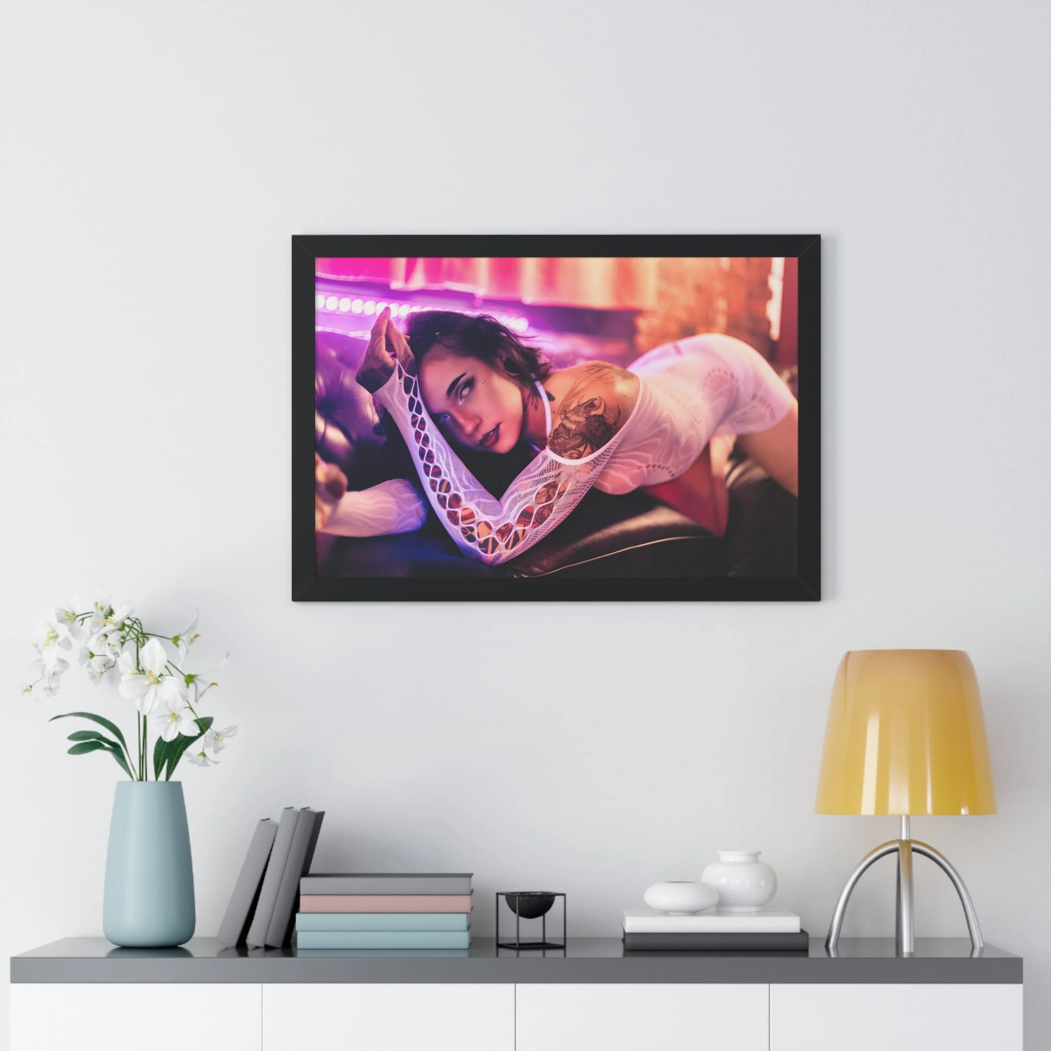 Framed Poster - Neon Pinup Woman Portrait Wall Art