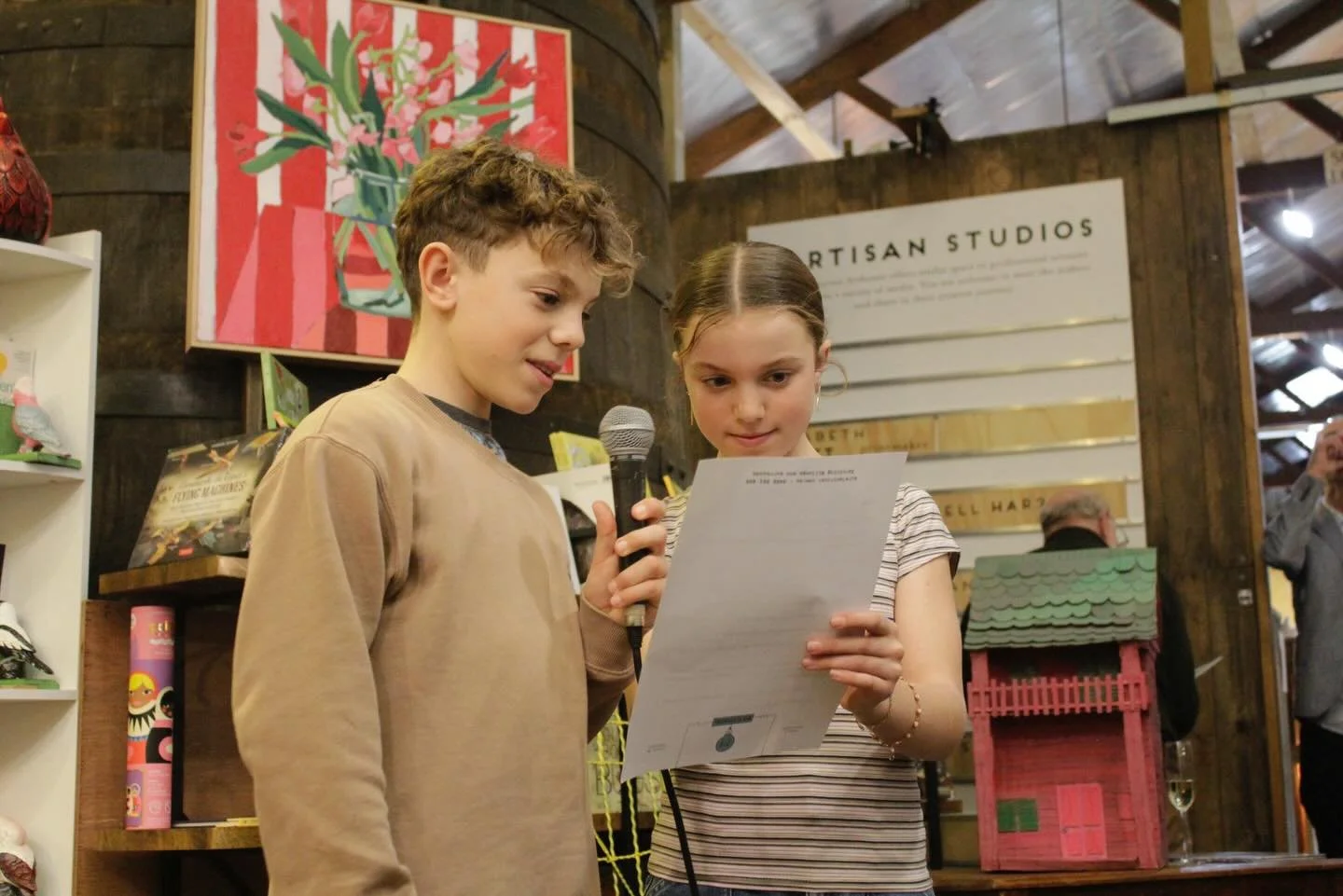 My beautiful twins, Hattie and Flynn, speaking at the book launch for Gilbert&rsquo;s Cake - the picture book I wrote and published last year with @margrete_lamond @the_gilded_snail 

Followed by some of the wonderful illustrations in Gilbert&rsquo;s