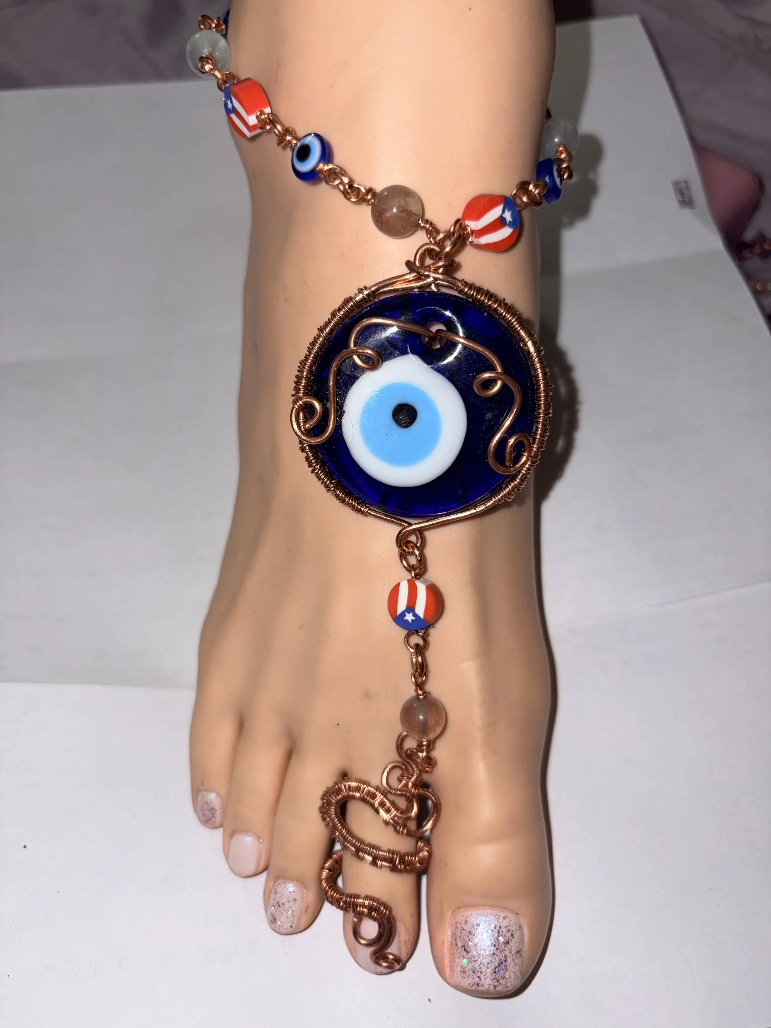 Puerto Rican Flag Evil Eye Barefoot Sandal & Tassel Earring Set | Copper Wire Wrapped Protection Jewelry