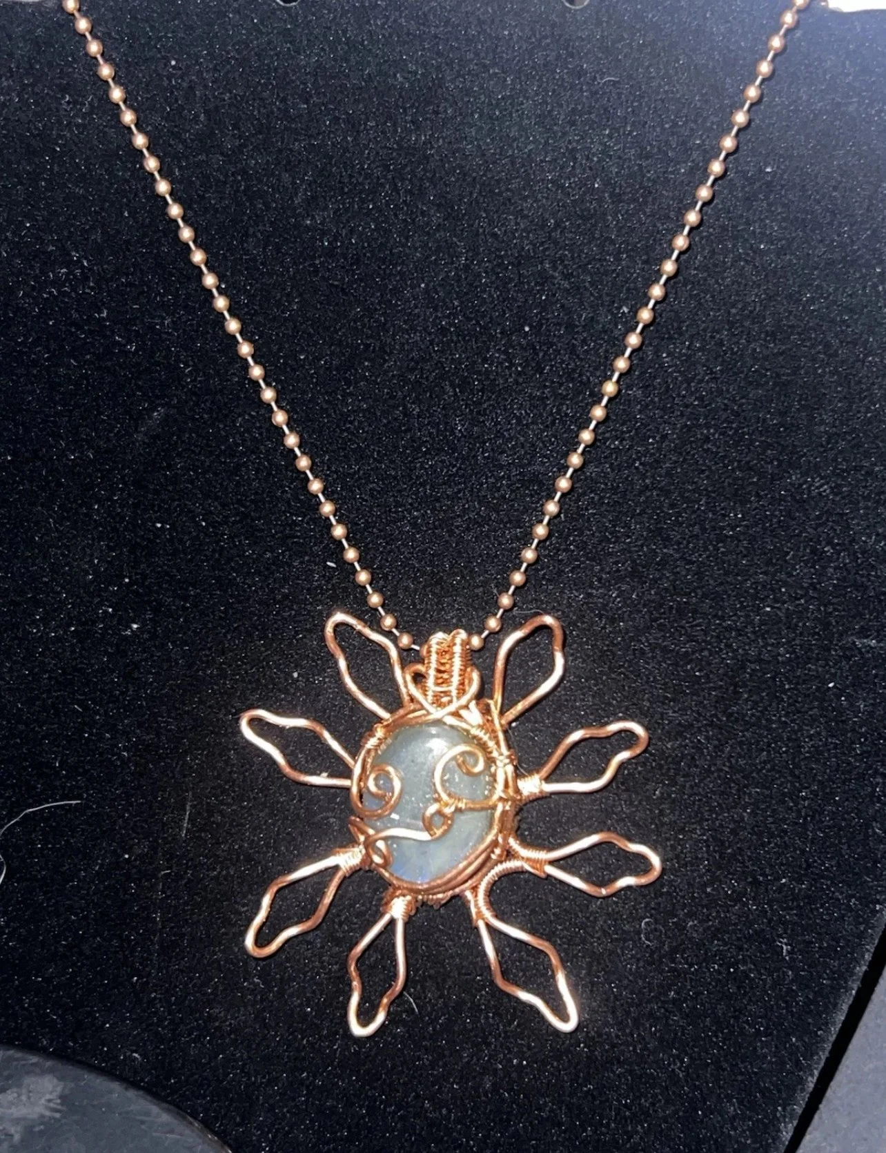🌞 Radiant Sun Pendant – Copper Wire Wrapped with Opalite Crystal