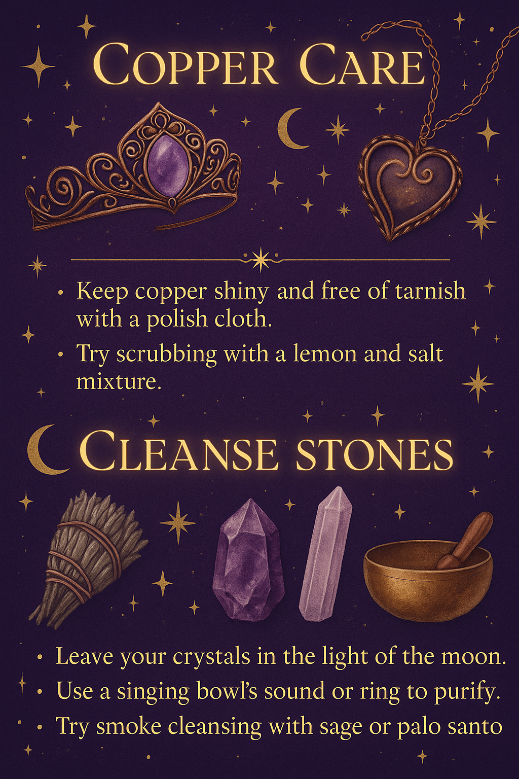 Instructions for cleansing copper and stones, with illustrations of a copper tiara, a heart pendant, and three cleansing stones, against a starry night background with crescent moon.