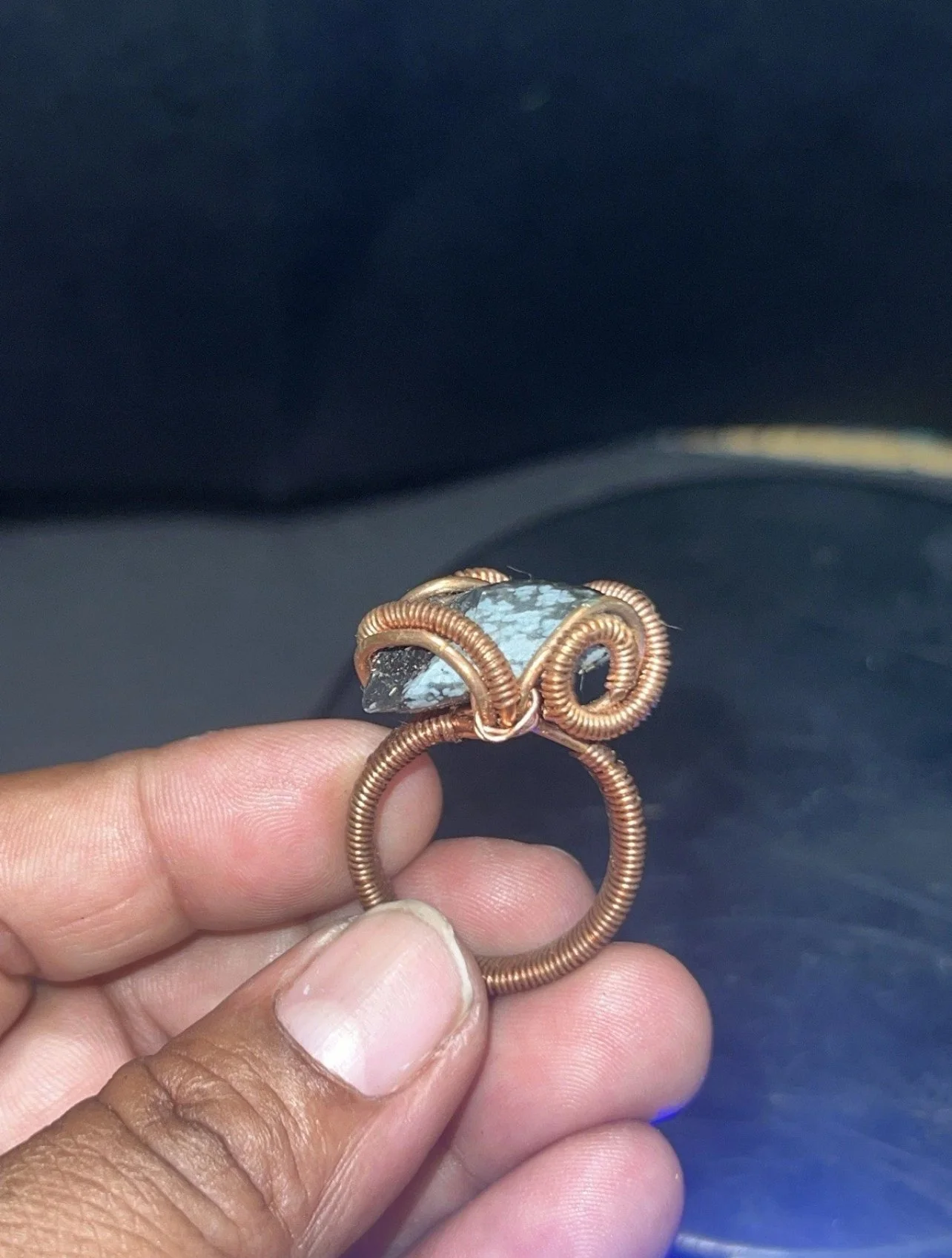 🖤 Copper-Wrapped Snow Obsidian Ring – Size 8