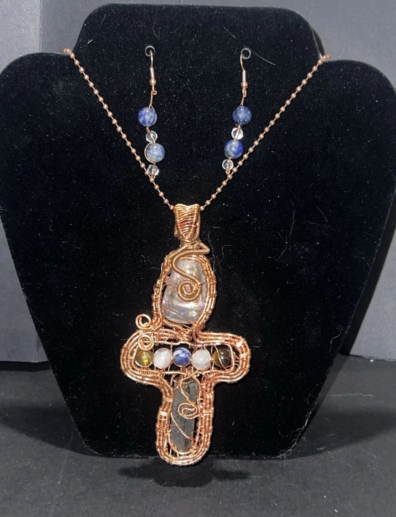 ✝️ Angel Aura Copper Wire Cross Necklace with Smoky Quartz & Matching Earrings