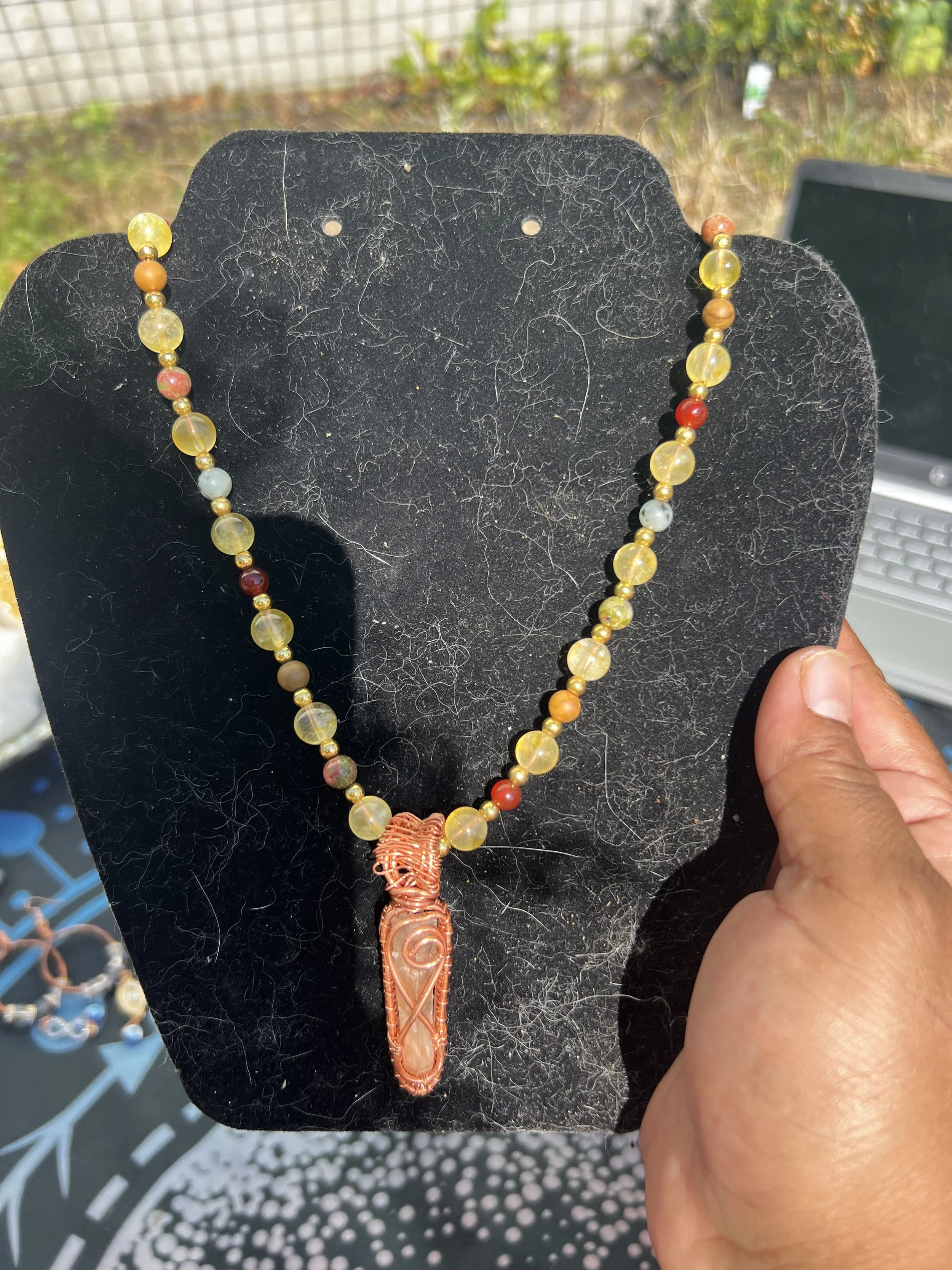 Copper Citrine Shard Necklace with Rhodonite, Red Sea Glass & Wood Beads