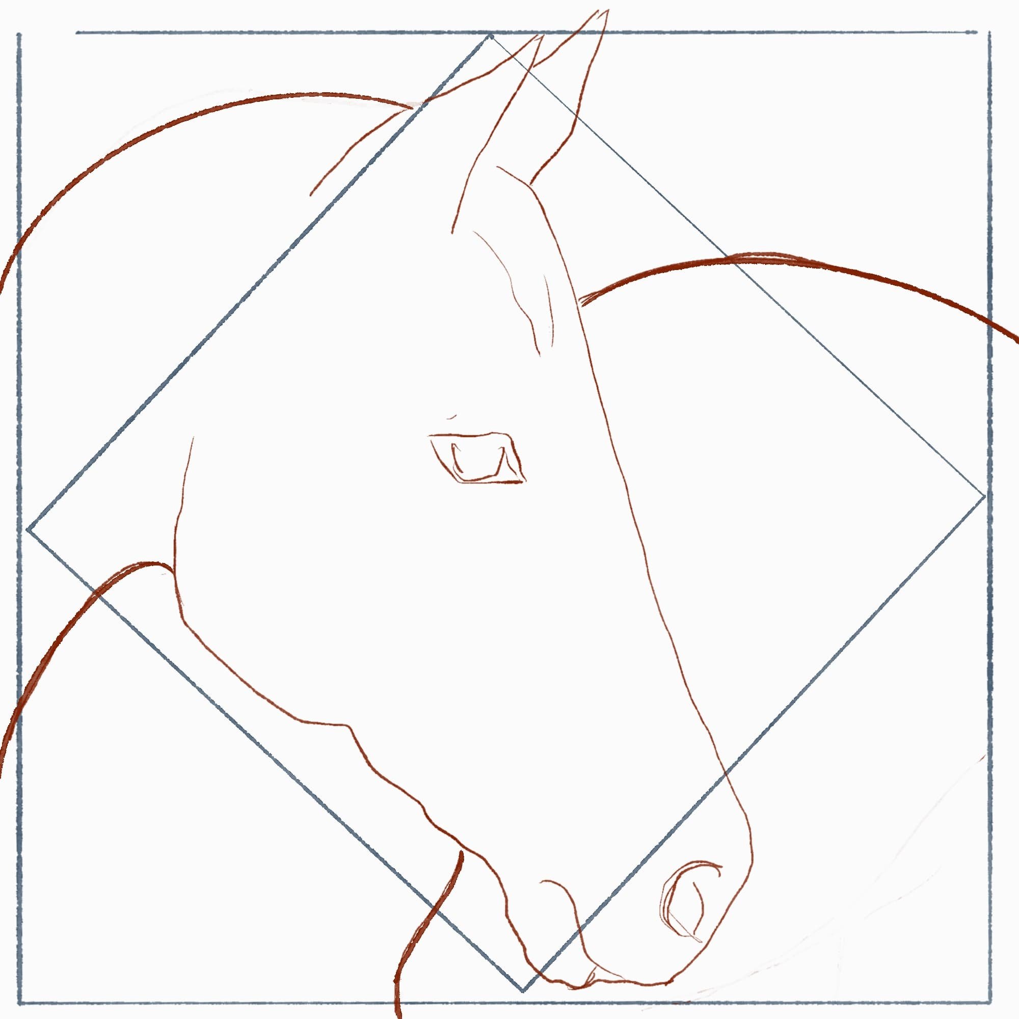 The initial Procreate layer showing the thin, low-opacity geometric skeleton—the rotated square within a square