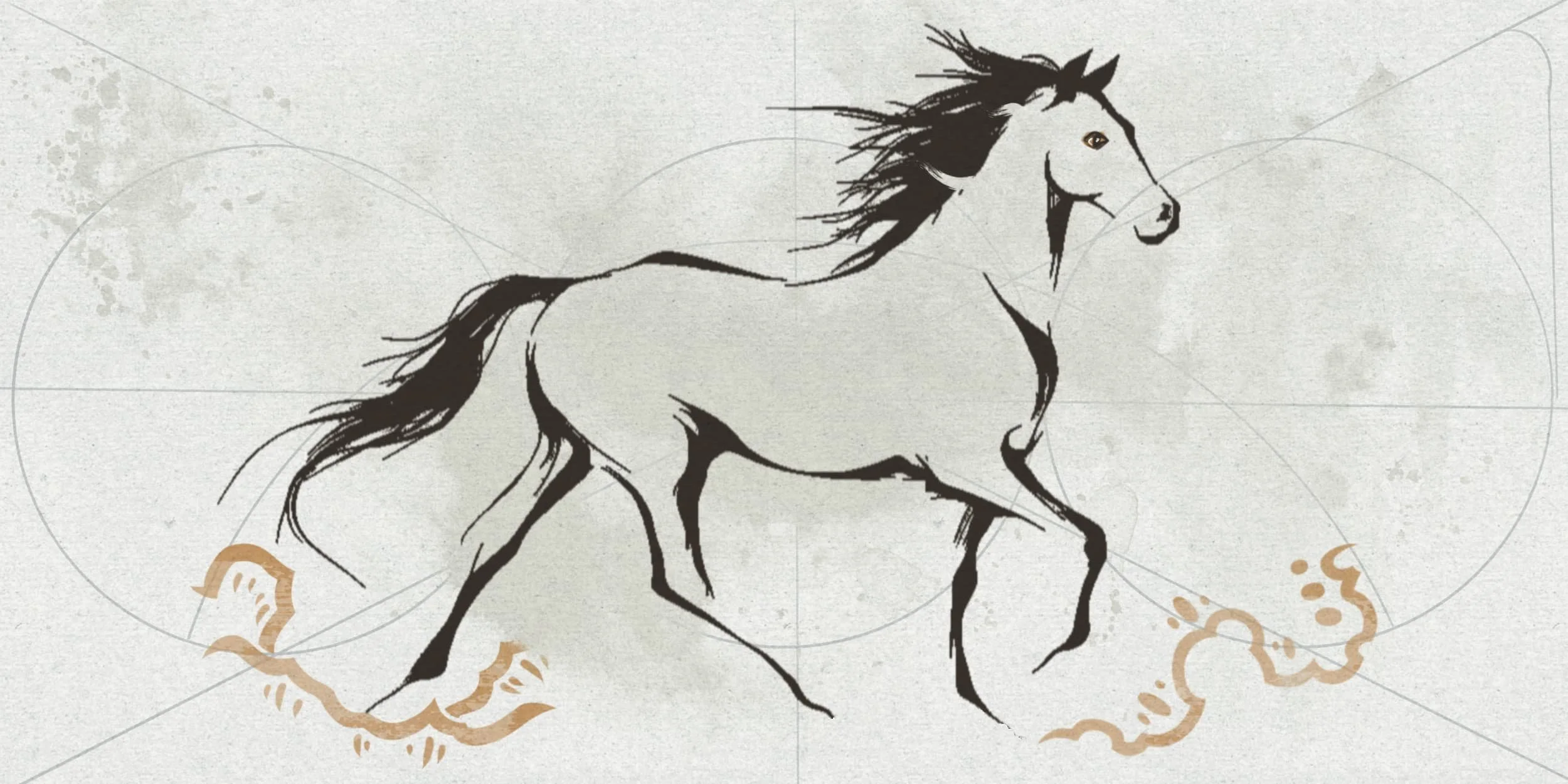 A minimalist Sumi-e style digital painting of a galloping horse by Judith Chestnut, featuring geometric 'Living Lineage' grid overlays that represent the mathematical precision of movement and equitation.