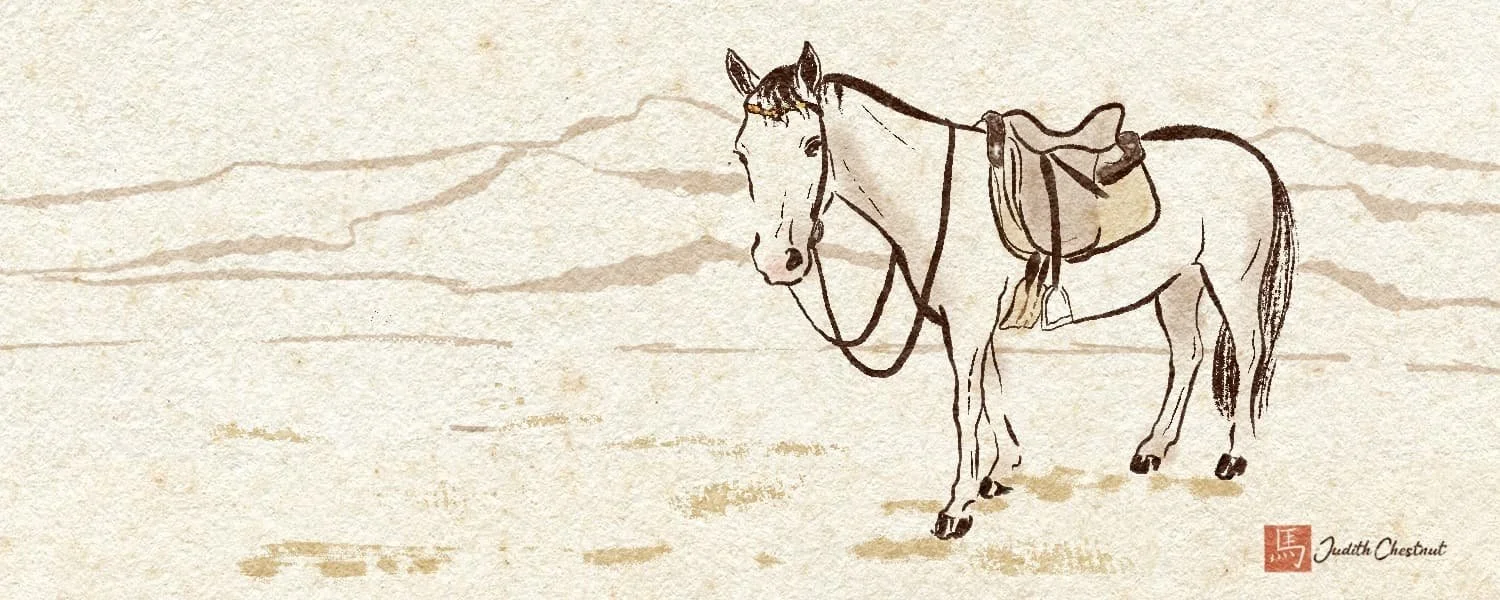 A minimalist Sumi-e landscape in deep burnt brown on aged paper texture, featuring a horse (Montana) in a pose of active stillness, listening with one ear turned back toward the viewer.