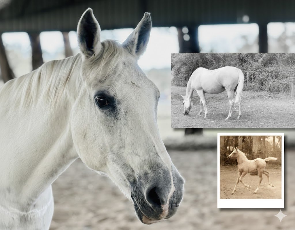 A grounded, professional portrait of a light-colored horse named Montana, edited in a minimalist Japanese color palette to reflect the artistic and ethical values of Judith Chestnut's brand.