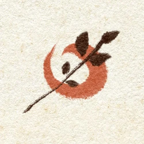 A hand-drawn ink sprig with delicate leaves accompanied by a circular red Birch seal, symbolizing wholistic horse care and the Montana Mandate.