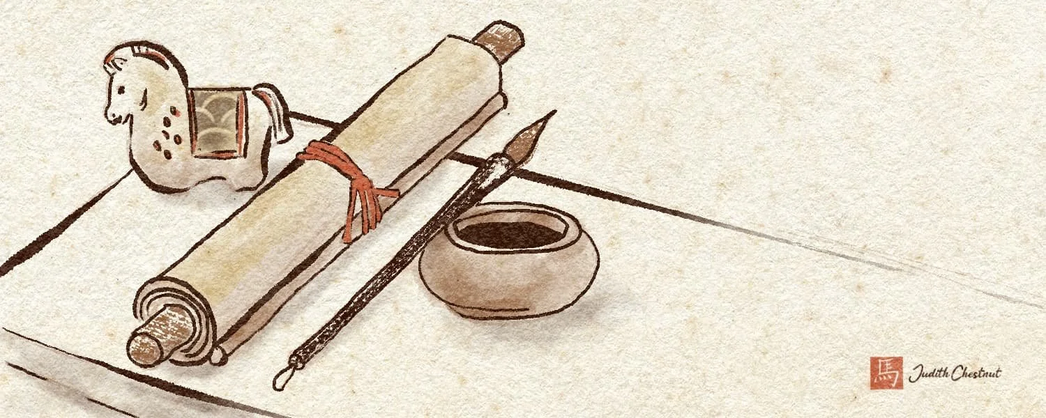 minimalist Sumi-e still life featuring a traditional scroll, an ink stone, and a writing brush alongside a small horse figurine on aged paper texture, representing a quiet space for professional dialogue.