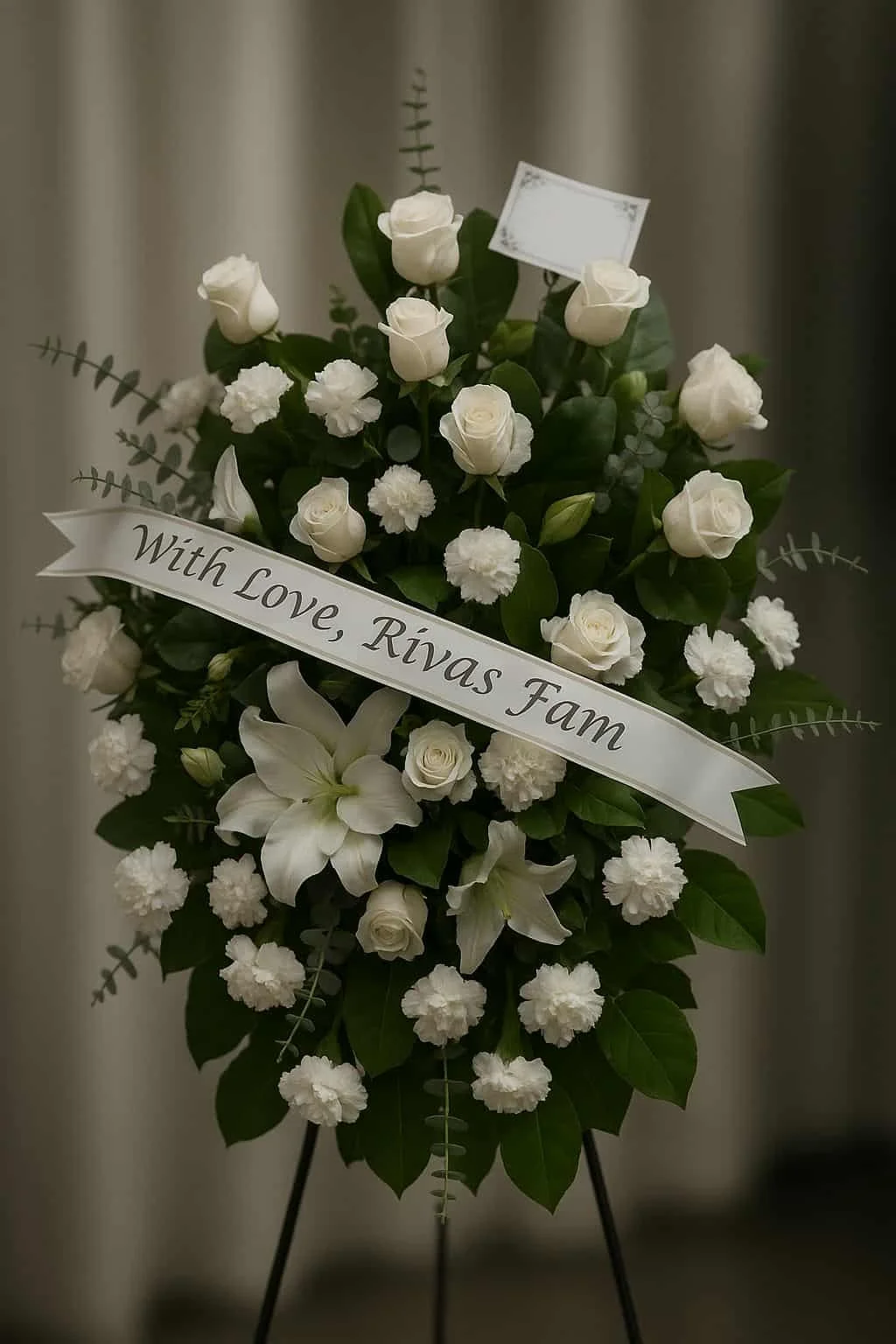 White flower arrangement with roses and lilies, decorated with green leaves, and a white banner with black text that reads 'With Love, Rivas Fam'.