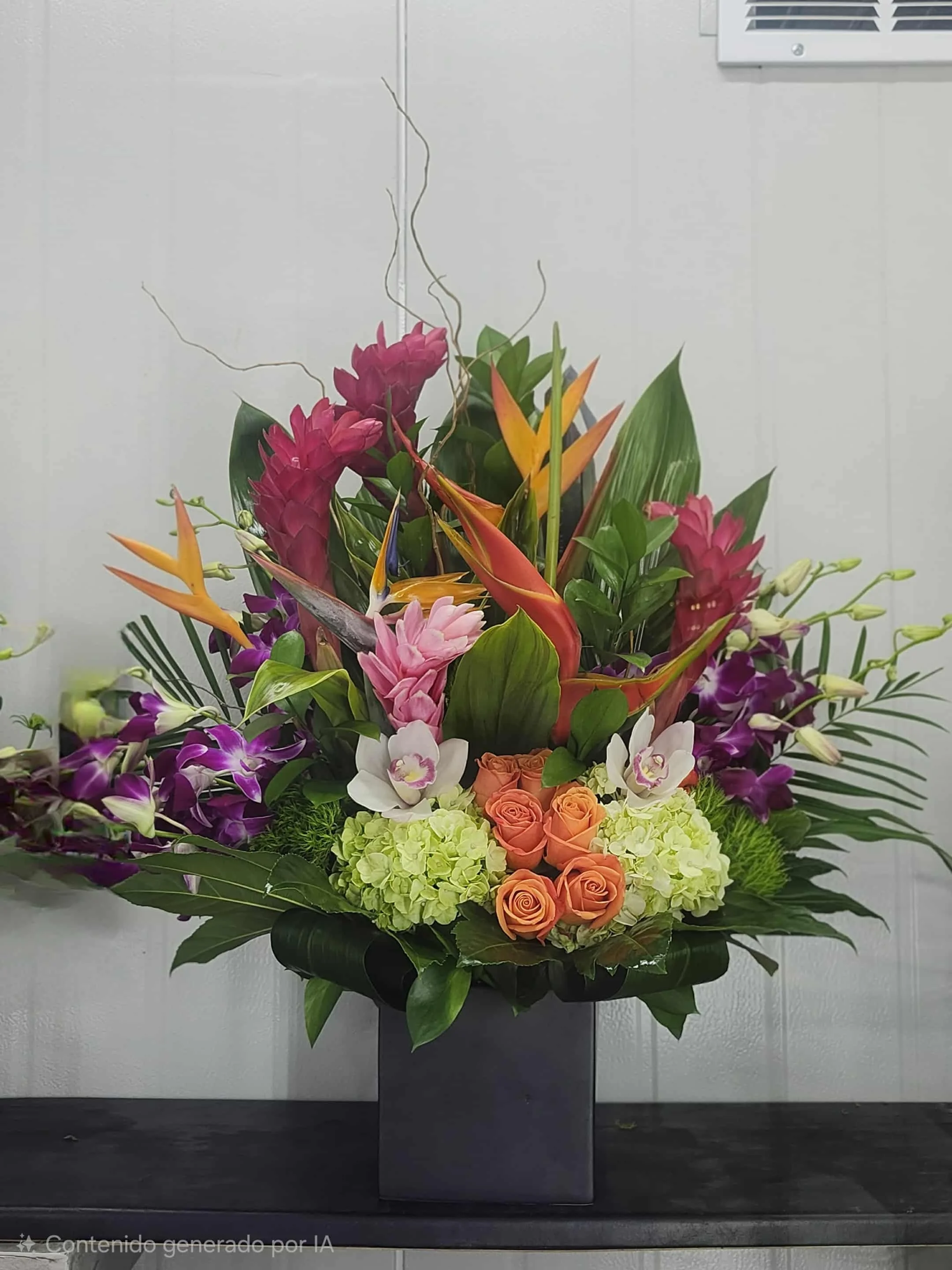 Colorful flower arrangement in a black square vase on a black surface.