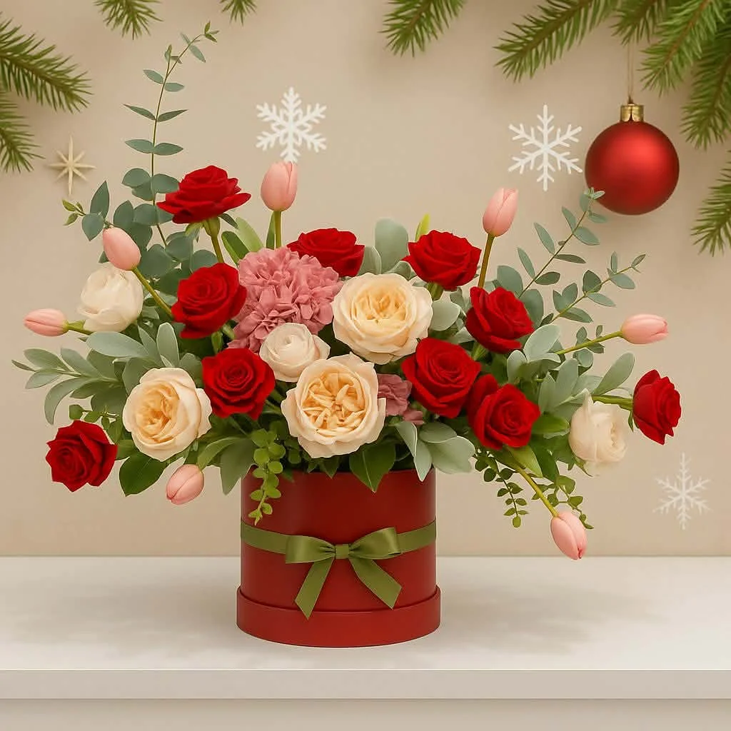 A festive floral arrangement in a red box with a green ribbon, including red and white roses, pink tulips, and greenery. Holiday decorations such as snowflakes and a red ornament hang above.