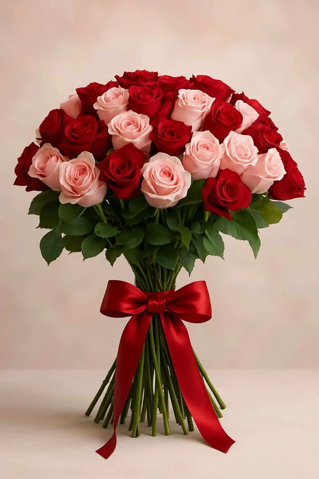 A bouquet of red and pink roses tied with a red satin ribbon.