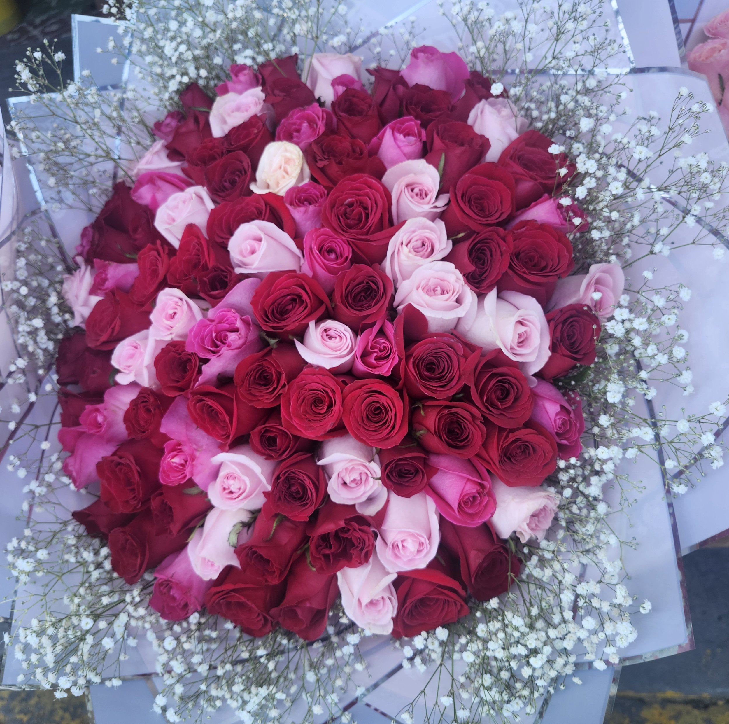 A large bouquet of red, pink, and light pink roses with white baby's breath flowers surrounding them.