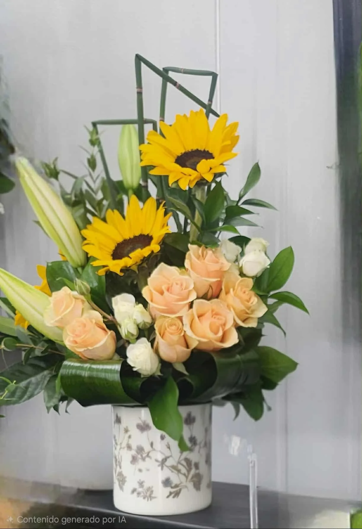 A floral arrangement with sunflowers, peach roses, white lilies, and green foliage in a white vase with gray floral patterns.