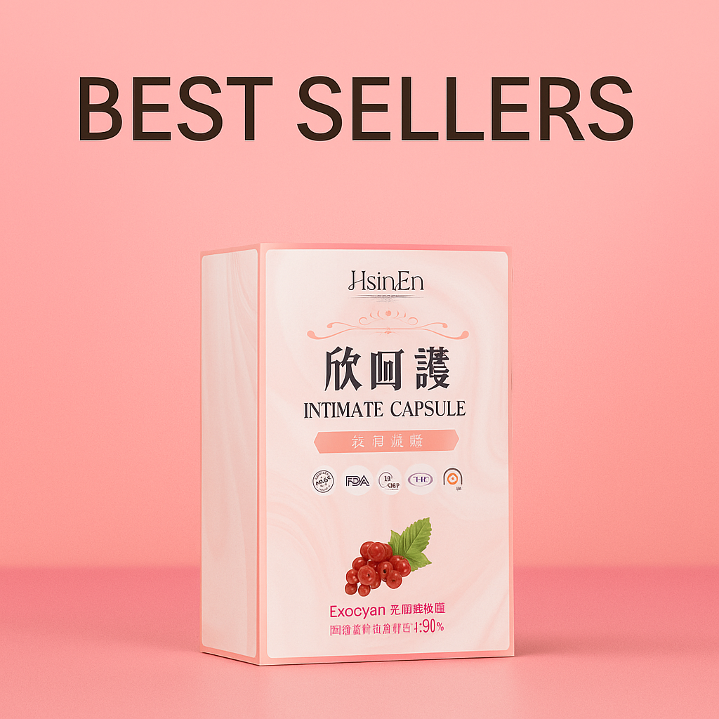 Pink box labeled 'Intimate Capsule' with a cluster of red berries and green leaves, portrayed on a pink background with bold Black text saying 'Best Sellers' at the top.