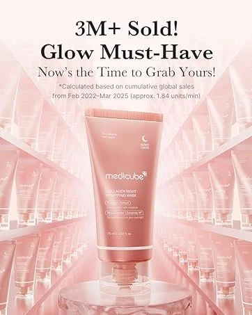 Pink tube of MediaIobe Collagen Night Brightening Mask product, with promotional text indicating over 3 million units sold and encouraging viewers to buy now, against a background of glowing pink shelves.