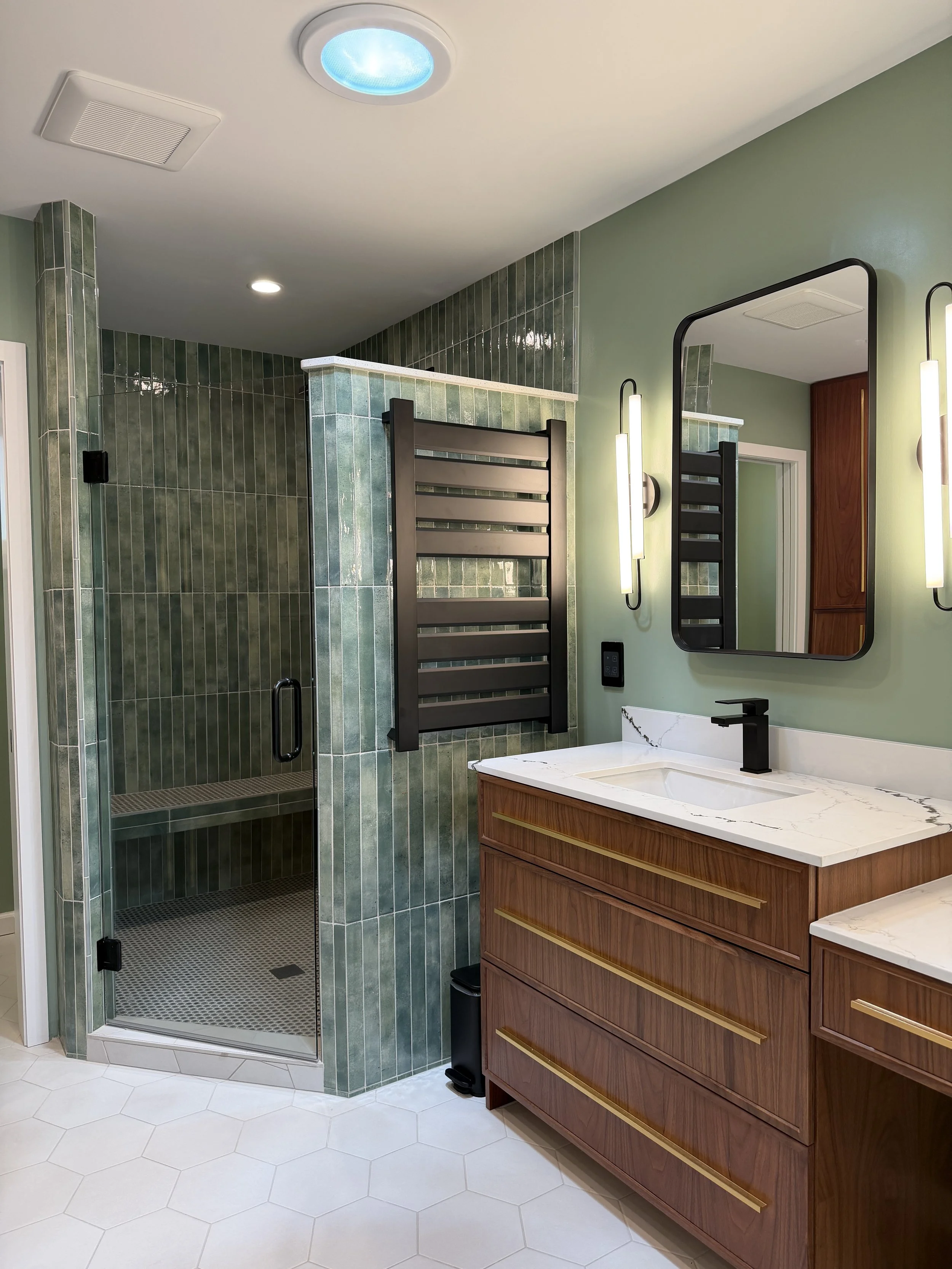 Primary Bathroom Renovation - Emerald Green Tiled Shower