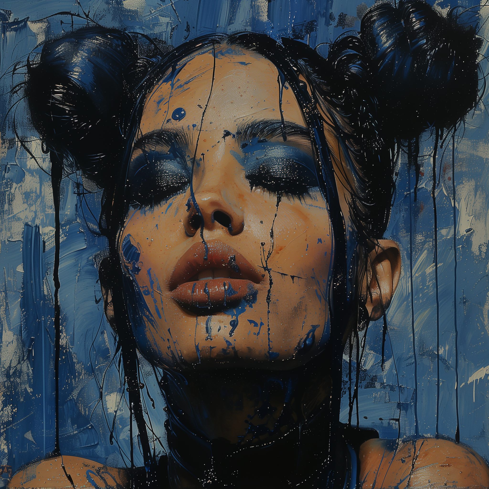 A woman with buns drenched in oil paint