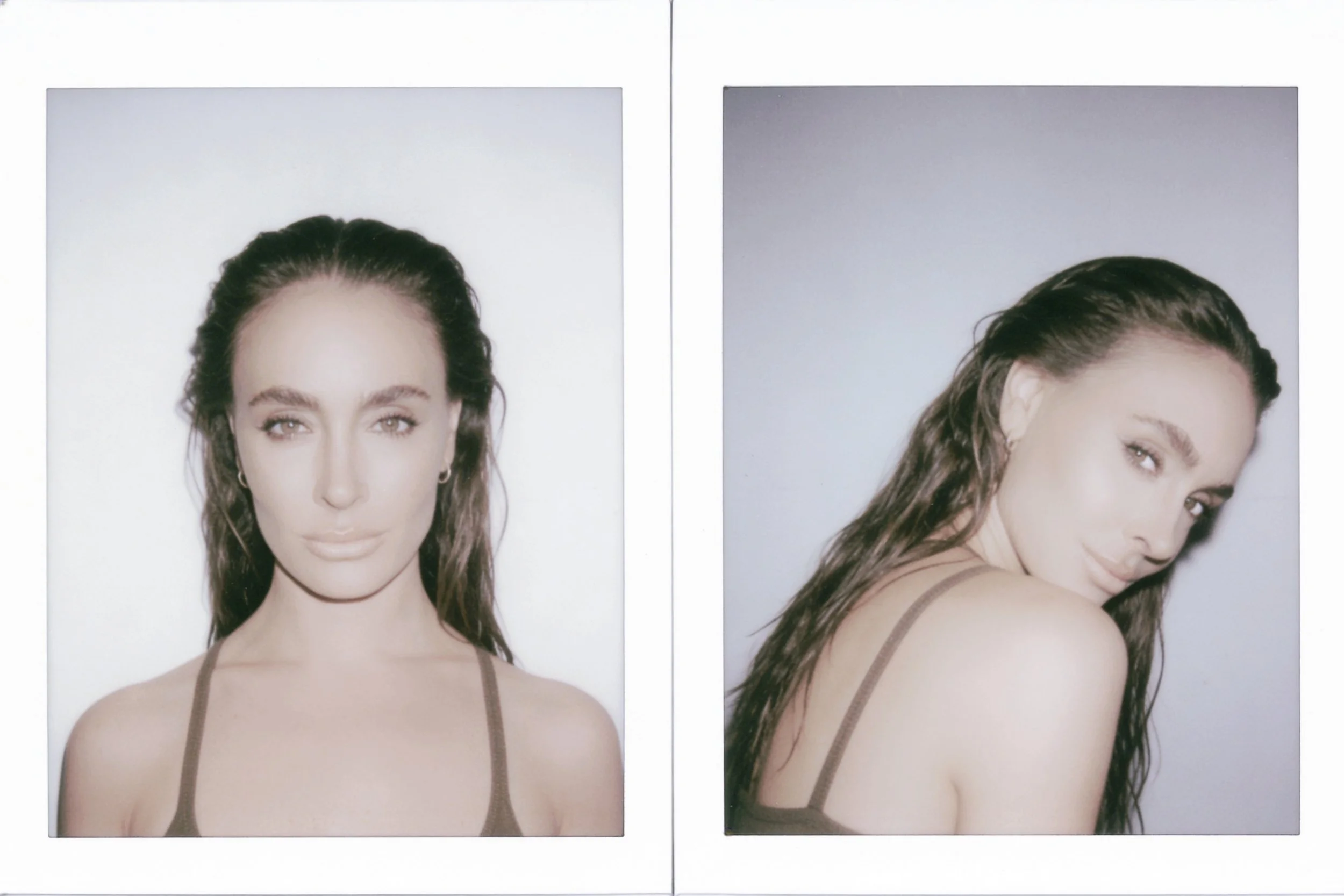 Two photographs of a woman with long brown hair, wearing a black spaghetti strap top, one facing forward and one turned to the side, against a plain white background.