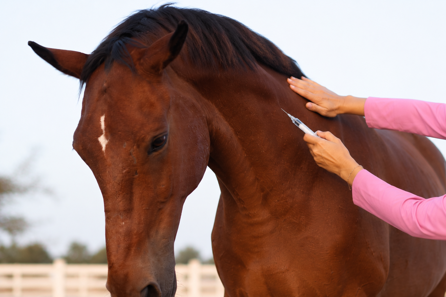 Person administering a vaccination to a brown horse on its neck with a syringe.