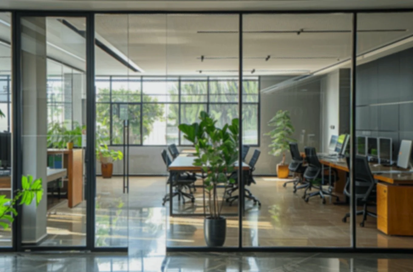 A glass-walled office with conference tables and plants