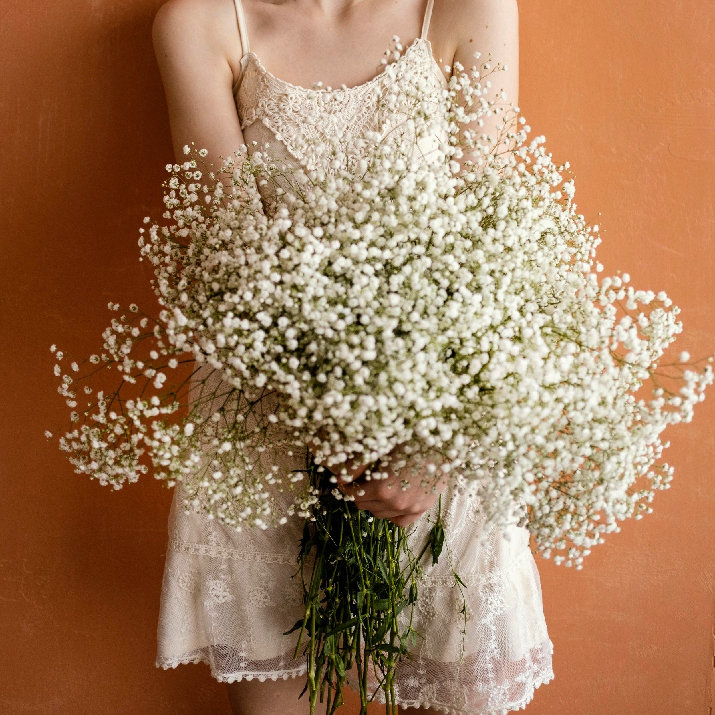 woman carrying bunch of baby's breath