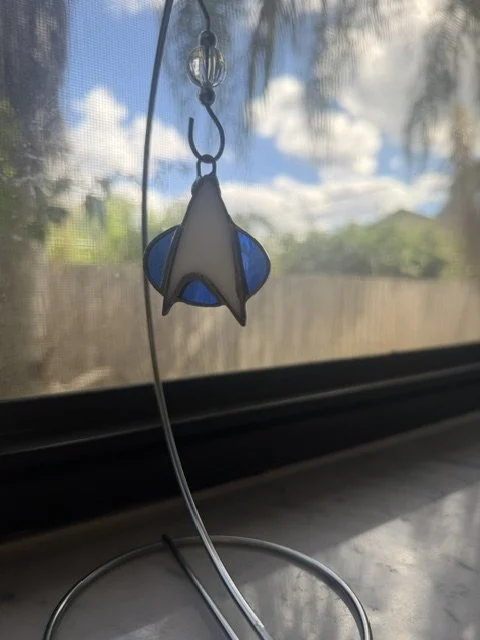 Handmade White & Blue Stained Glass Communicator Badge 2x2 Sci-Fi Suncatcher Ornament