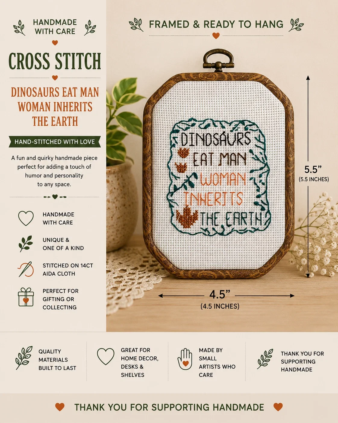 Dinosaurs Eat Man, Woman Inherits the Earth — Framed Cross-Stitch