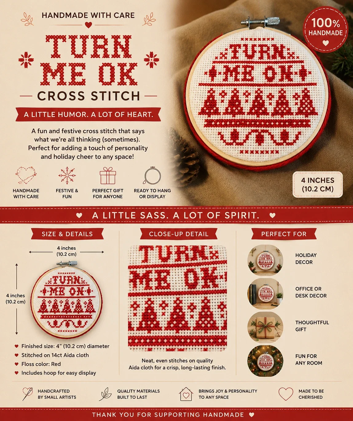 Turn Me On — Handmade 4-Inch Cross-Stitch Hoop Art
