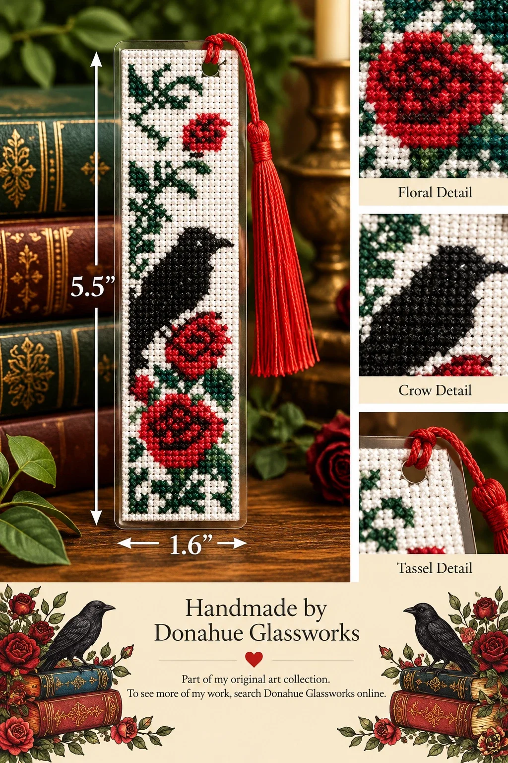 Gothic Crow & Rose Cross-Stitch Bookmark