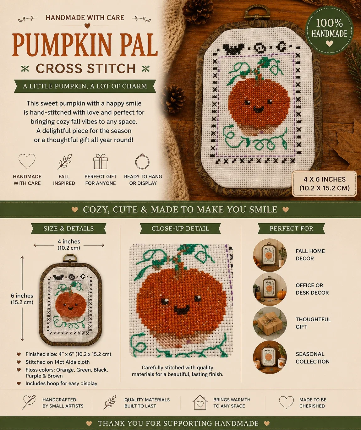 Pumpkin Pal — Handmade Framed Cross-Stitch Art