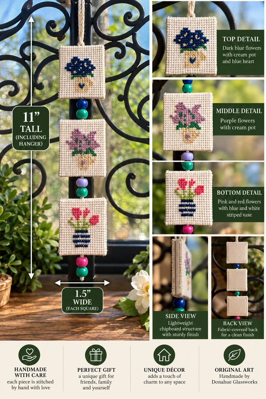 Handmade Floral Cross-Stitch Hanging – Three Miniature Flower Designs