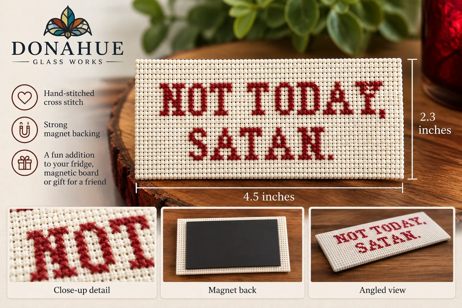 Not Today, Satan — Handmade Cross-Stitch Magnet