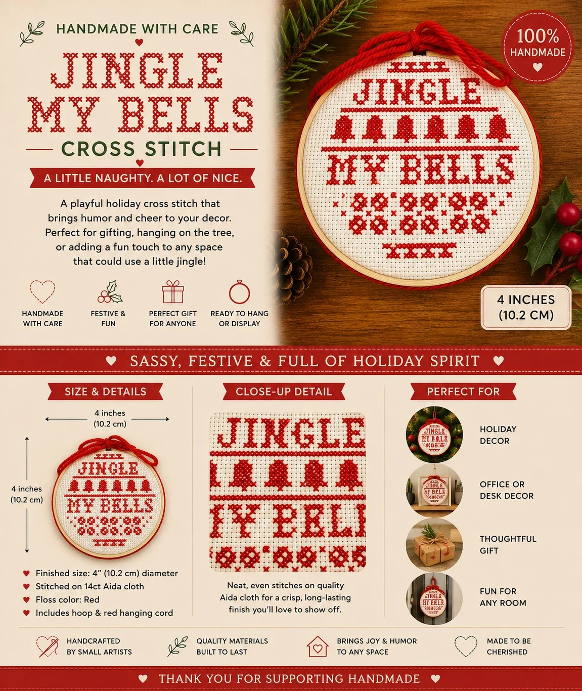 Jingle My Bells — Handmade 4-Inch Cross-Stitch Ornament