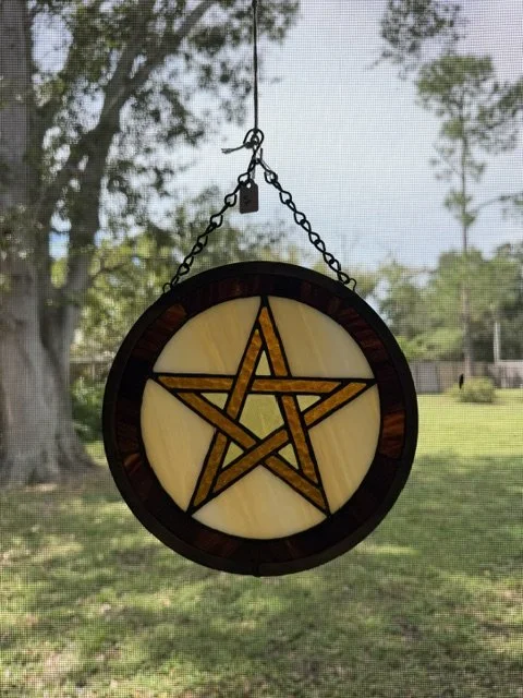 Golden Ivory Pentacle — 8″ Stained Glass Suncatcher