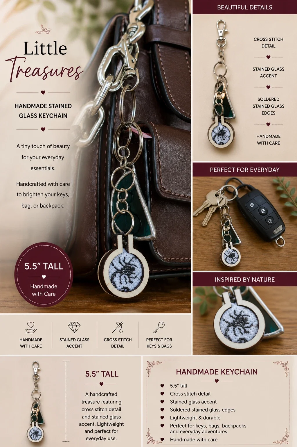 Scorpio & Emerald — Stained Glass and Cross-Stitch Keychain