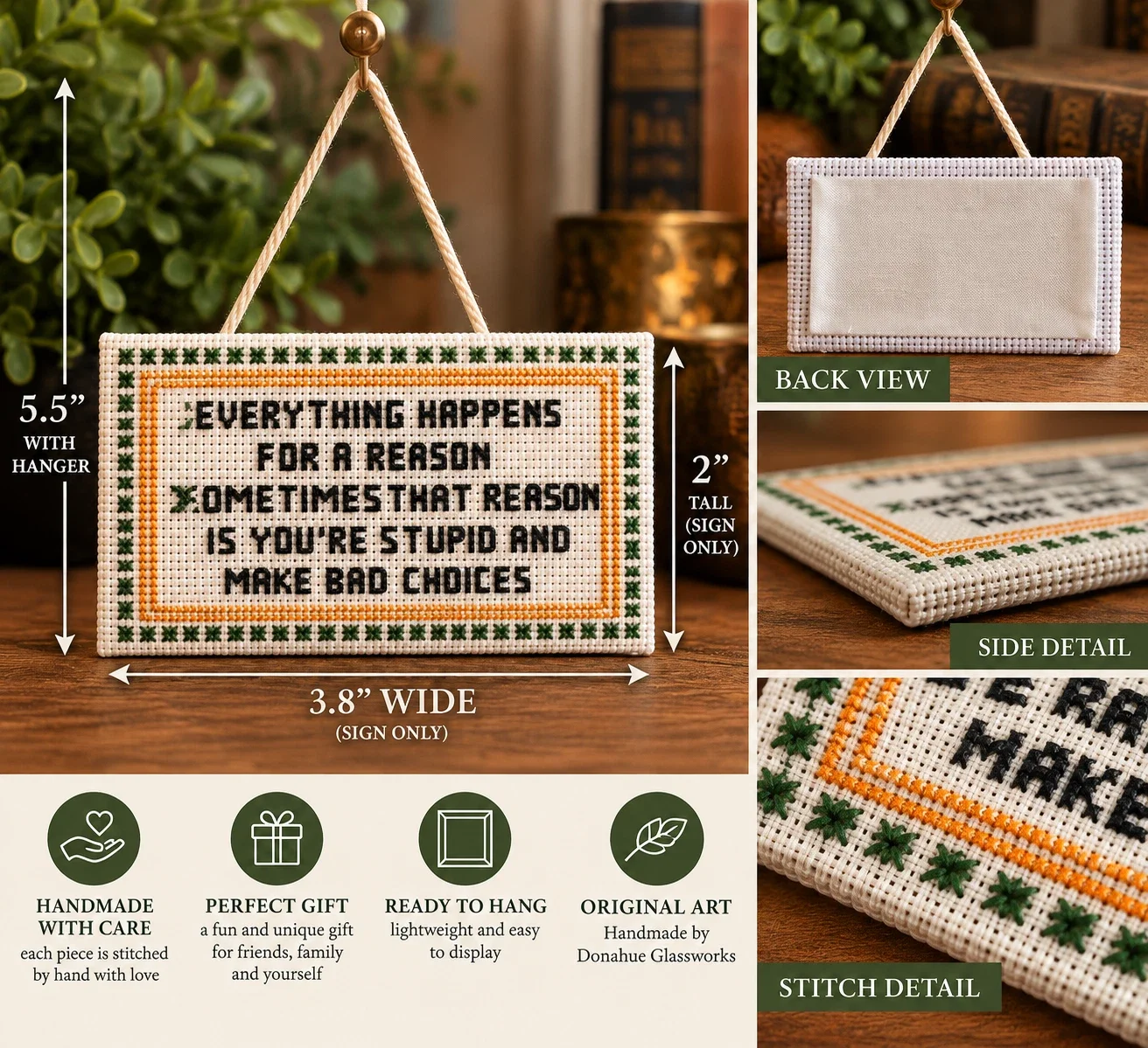 Everything Happens for a Reason — Handmade Cross-Stitch Hanging Sign